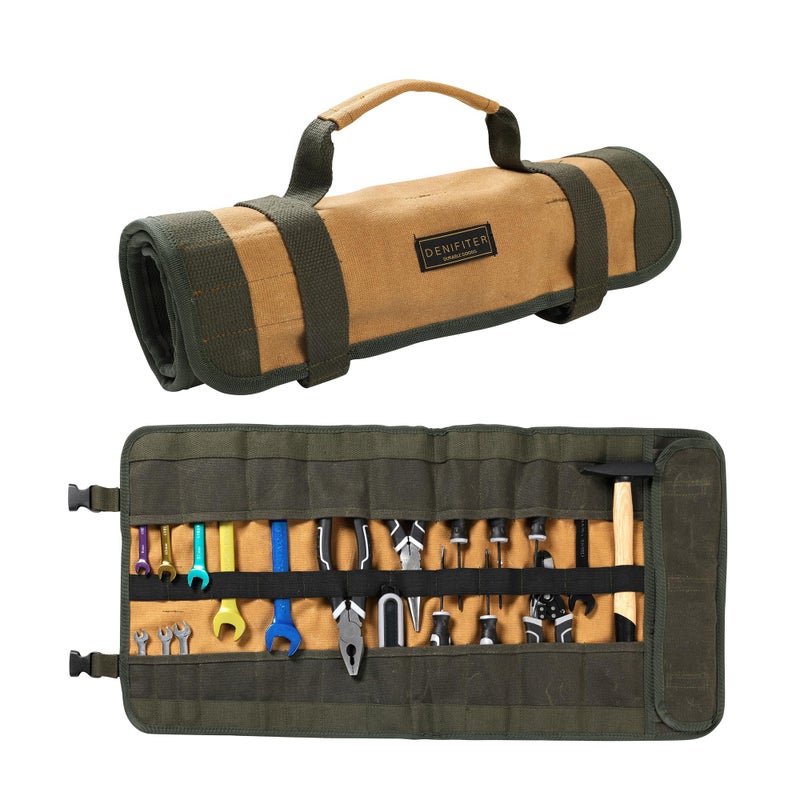 Denifiter Wrench Tool Roll, Heavy Duty Waxed Canvas Multi-purpose Tool Pouch Bag With 25 Pockets, Easy Storage, Durable (Khaki) - Image 1